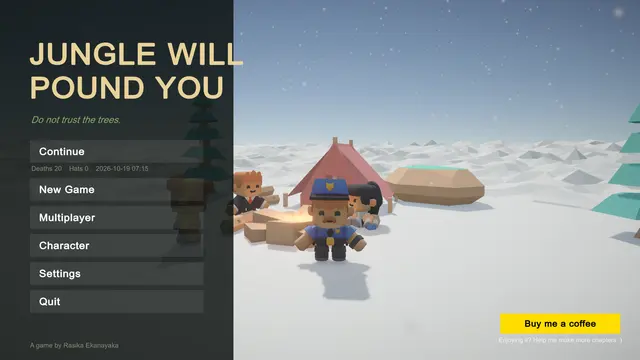 The main menu, with the game title, a menu list and the hikers camping in the snow.