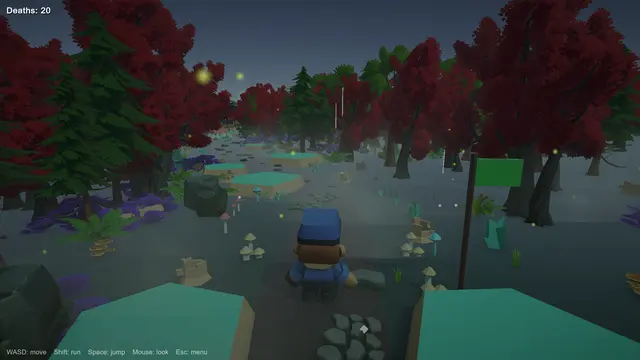 A misty night forest with glowing fireflies, dark red trees and a hiker seen from behind.