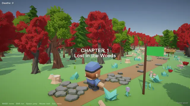 The Chapter 1 title card, "Lost in the Woods", over a bright forest path.