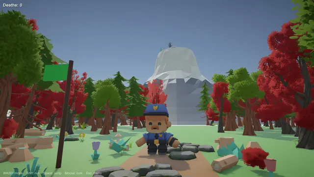 A hiker in a blue cap stands on a forest path, with red and green cartoon trees all around and the snowy ice mountain in the distance.
