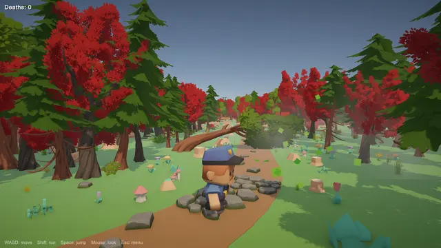 A hiker walks a stone path while a cartoon tree swings a branch down toward them.