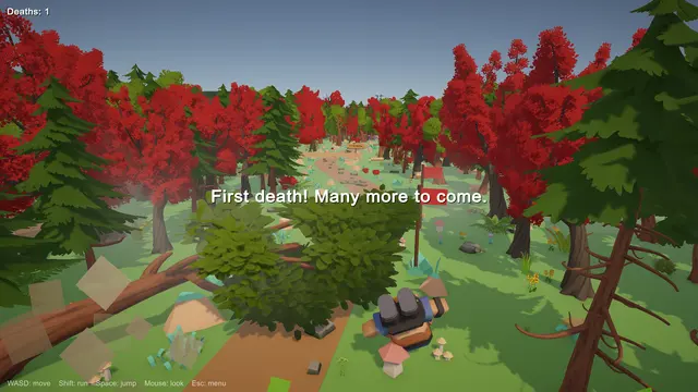 A fallen tree pins a hiker to the ground while the game says "First death! Many more to come."
